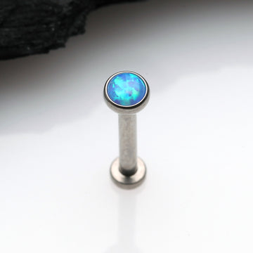 Detail View 1 of Implant Grade Titanium OneFit Threadless Fire Opal Bezel Set Top Flat Back Stud Labret-Blue Opal